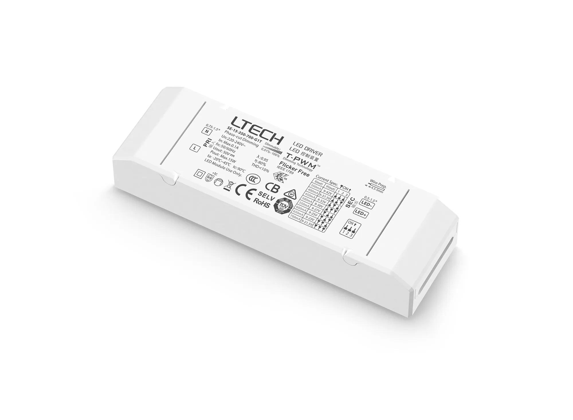 Triac/ELV Push Dim PWM 15W Constant Current Dimmable Driver 45V 150-700mA, IP44.
